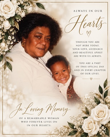 In loving memory tribute: a photo of a beloved older woman holding young Juliette, framed with white roses and the words: Though you are not here today, your love, guidance and beautiful spirit are with us always.